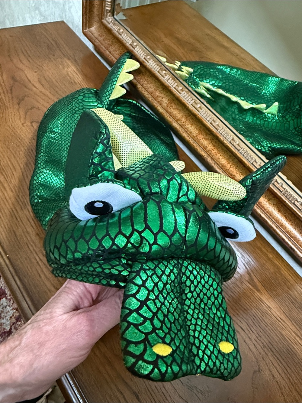 Green dog dragon costume w/shiny scales. Size M/L.